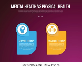 mental health vs physical health infographic for comparison data with round box with circle badge on top with modern dark with 2 point vector