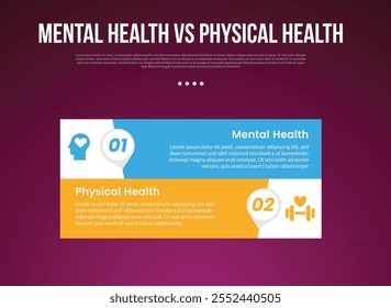 saúde mental vs saúde física infográfico para dados de comparação com grande pilha de forma retangular com escuro moderno com vetor de 2 pontos