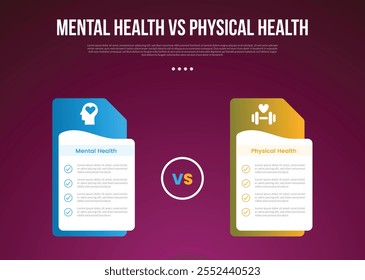 mental health vs physical health infographic for comparison data with creative table box with folder style stack with modern dark with 2 point vector