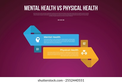 mental health vs physical health infographic for comparison data with big rectangle ribbon shape up and down with modern dark with 2 point vector