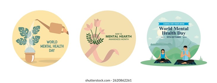 Mental health with a watering can nourishing plants, promoting growth and care. Promoting the message of emotional wellness. Commemorating World Mental Health Day on October 10th.
