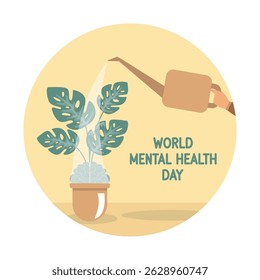 Mental health with a watering can nourishing plants, promoting growth and care.