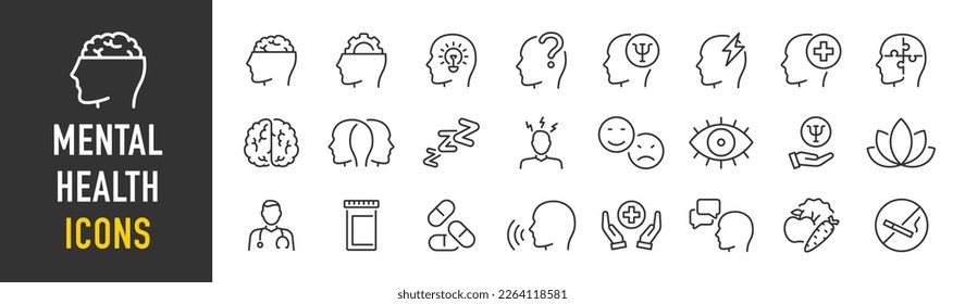 Mental health web icon set in line style. Depression, psychotherapy, psychological, bipolar, negative thinking, obsession, collection. Vector illustration.	