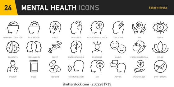 Iconos web de salud mental en estilo de línea. Depresión, psicoterapia, psicológico, bipolar, pensamiento negativo, obsesión, colección. Ilustración vectorial.	