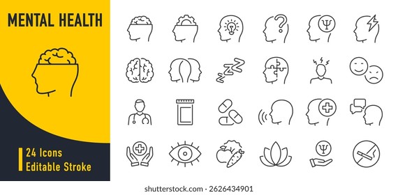 Mental health web icons in line style. Depression, psychotherapy, psychological, bipolar, negative thinking, obsession, collection. Vector illustration.	