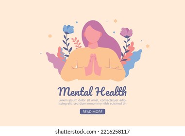 Mental Health Web Page. A woman is praying with her hands together. Behind her are decorated flowers and plants. flat vector illustration.