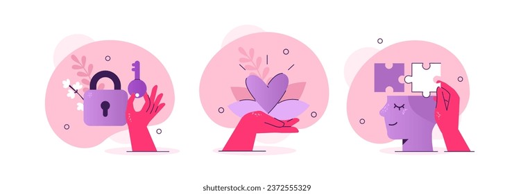 Mental health and wellbeing concept illustration. Collections of characters taking care of mentality, understanding yourself by self discovery and love. Vector illustrations set