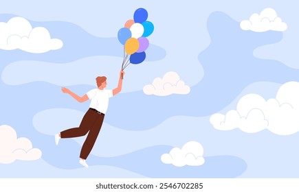 Mental health, wellbeing and dreams, think about positive things and meditation, imagination. Happy young man flying with bunch of air balloons in blue sky with clouds cartoon vector illustration