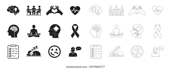 Mental Health and Wellbeing Icons set. World Health Day. Editable minimalist and outline vector icons. Perfect for web and app interfaces, presentations, info graphics, etc. In black color on a white 