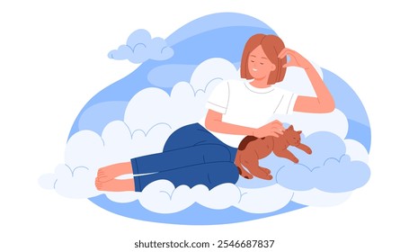 Mental health, wellbeing and peace of mind of girl sitting on white cloud with sleeping cat. Young happy carefree woman flying on fluffy cloud in blue sky to dream cartoon vector illustration