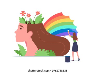 Mental Health, Wellness, Brain Treatment Concept. Tiny Woman Character Painting Rainbow at Huge Female Head. Psychological Support, Healthy Mind, Positive Thinking. Cartoon People Vector Illustration