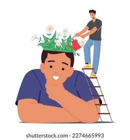 Mental Health, Wellness, Brain Treatment Concept. Tiny Male Character Watering Blooming Flowers in Huge Head. Psychological Support, Healthy Mind, Positive Thinking. Cartoon People Vector Illustration