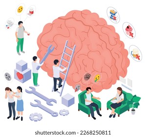 Composición de bienestar de salud mental con iconos isométricos de herramientas de engranajes de órganos humanos reacciones emocionales y ilustración de vector de personas