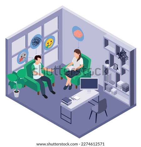 Mental health wellness composition with isometric view of mind doctors office with patient and round reactions vector illustration
