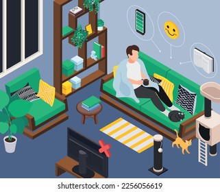 Mental health wellness composition with living room scenery and chilling man reading books not watching tv vector illustration