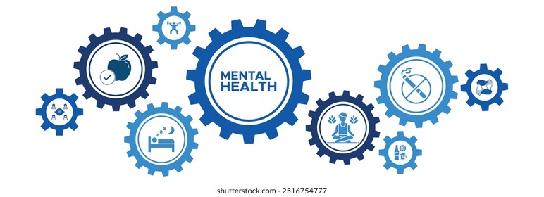 Mental Health and Wellness Icon Concept Highlighting Sleep, Exercise, Social Interaction, and Stress Reduction