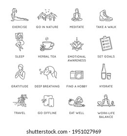 Mental health, wellness, psychological hygiene thin line style vector icon set