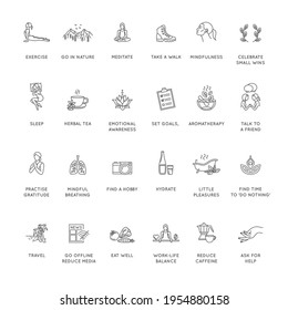 Mental Health, Wellness, Psychological Hygiene Thin Line Style Vector Icon Set