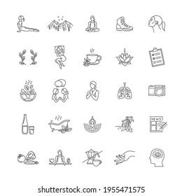 Mental health, wellness, psychological hygiene thin line style vector icon set