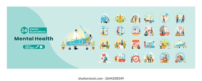Mental health and wellness theme. Busy people working, tired, stressed and worried. Mega set.