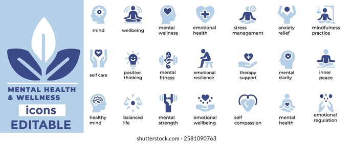 Mental Health and Wellness vector icons editable, calming, and versatile! Perfect for apps, websites, and wellness branding
