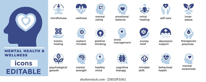 Mental Health and Wellness vector icons editable, calming, and versatile! Perfect for apps, websites, and wellness branding
