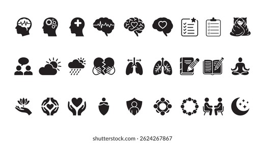 Mental Health and Wellness vector silhouette icon set