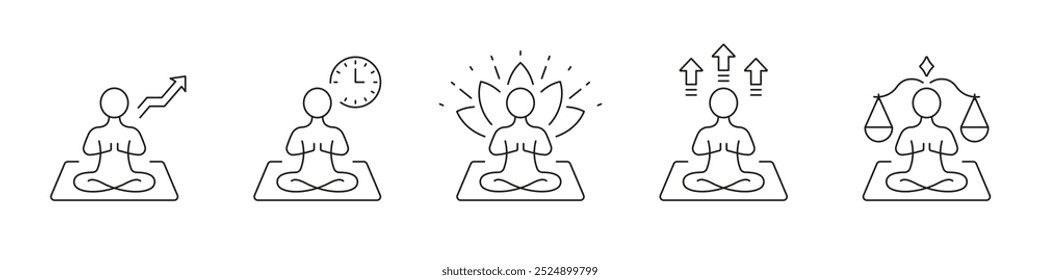 Mental Health, Wellness and Wellbeing Line Icon. Yoga Poses Outline Pictogram Set. Healthy Lifestyle Icon. Editable Stroke. Isolated Vector Illustration.