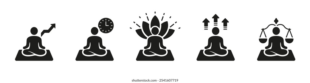 Mental Health, Wellness and Wellbeing Silhouette Icon Set. Yoga Poses Pictogram. Healthy Lifestyle Icon. Isolated Vector Illustration.