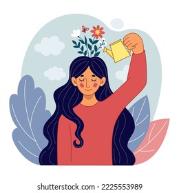 Mental health. Woman positive mind. Personal change. Growth flowers in brain. Thinking girl. Mindset development. Watering blossoms in head. Psychological therapy. Vector tidy concept