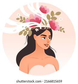 Mental health of a woman. Positive thinking, self-care. A woman with flowers on her head.  A woman with a different mood. Flat vector illustration