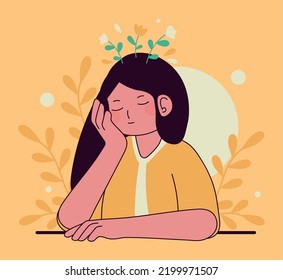 mental health, woman think positive cartoon