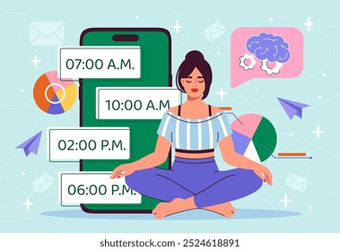 Mental health woman. Young girl in lotus position sitting near smartphone. Wellbeing and relaxation, wellness. Mindfulness and harmony. Flat vector illustration isolated on blue background