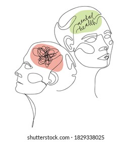 Mental Health For Women. One Line Drawing of Two Human Heads With Quote In Brain. Vector Illustration For Therapist And Psychologist