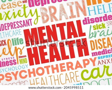 Mental health word cloud collage, health concept background