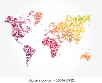 Mental health word cloud in shape of world map, social concept background