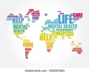 Mental health word cloud in shape of world map, social concept background