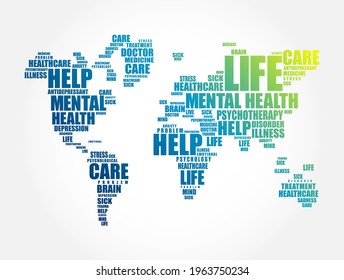 Nube de palabras de salud mental en forma de mapa mundial, contexto de concepto social