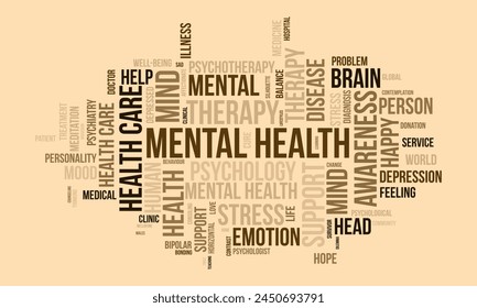 In: Mental Health Word Cloud Vorlage. Hintergrund zur Vektorgrafik des Gesundheitsbewusstseinskonzepts.