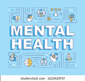 Mental health word concepts banner. Happy healthy mind. Joyful life. Work, family balance. Infographics with linear icons on blue background. Isolated typography. Vector outline RGB color illustration