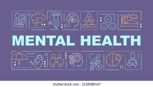 Conceptos de palabras de salud mental: banner morado oscuro. Ayuda del psicólogo. Infografía con iconos sobre el fondo del color. Tipografía aislada. Ilustración vectorial con texto. Fuente Arial-Black utilizada