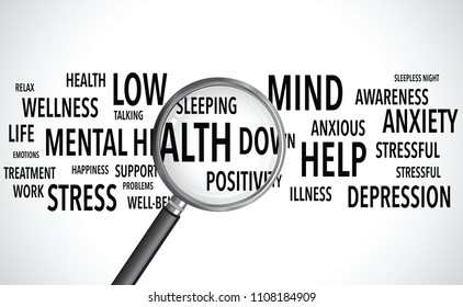 mental health words background magnifying glass