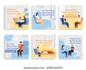 Mental health at work psychologist service social media post design template set isometric vector illustration. Psychology support help consulting stress depression therapy with doctor and patient