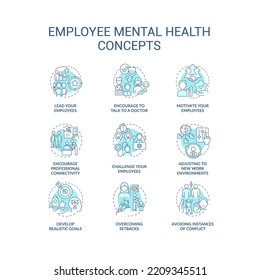 Mental health at workplace blue concept icons set. Employees wellbeing. Workforce resilience thin line color illustrations. Isolated symbols. Editable stroke. Roboto-Medium, Myriad Pro-Bold fonts used