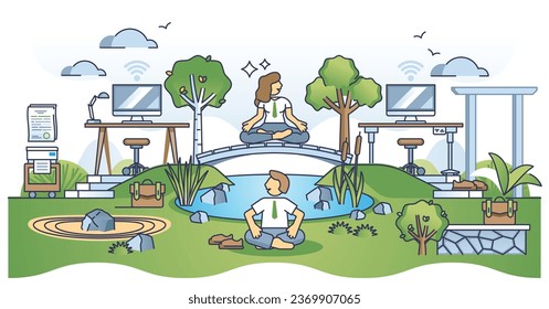 Mental health and workplace for well being and green office outline concept. Positive company interior with much sunlight and modern plants vector illustration. Sustainable design for business desks.