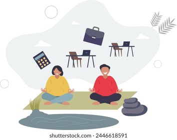 Mental health and workplace wellbeing with green office .Employee harmony with comfortable environment and interior with much daylight for work productivity.flat vector illustration.