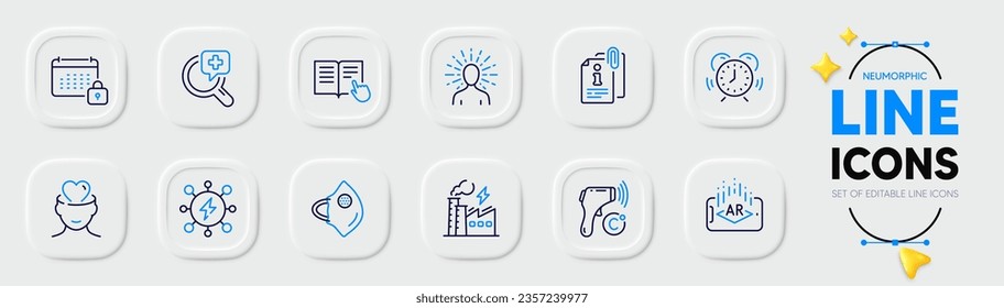 Mental health, Yoga and Medical mask line icons for web app. Pack of Read instruction, Power, Electricity factory pictogram icons. Calendar, Attached info, Electronic thermometer signs. Vector