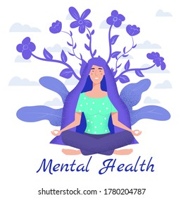 Mental health yoga meditation woman sit in the lotus position meditate. Mental calmness and self consciousness concept. Vector illustration isolated