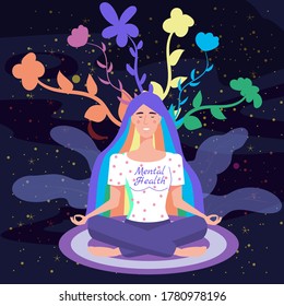 Mental health yoga meditation woman sit in the lotus position meditate. Mental calmness and self consciousness concept. Vector illustration isolated