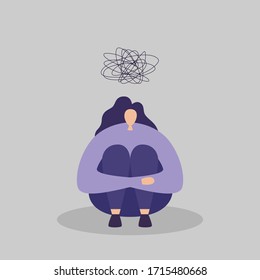 Mental health, a young depressive woman hugs her knees. Vector flat illustration in modern style.